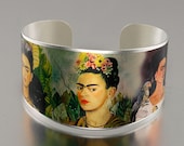 Photo Cuff, Brass Cuff Bracelet, Altered Art Jewelry, Photo Jewelry - Matte Silver FRIDA KAHLO Collage - Sealed in Resin - Free USA Shipping