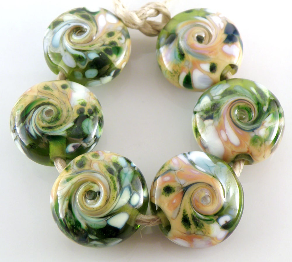 Party Gnomes - Handmade Artisan Lampwork Beads - Lampwork Glass Lentil Beads 18mm - Green, Orange, White - SRA (Set of 6 Beads)
