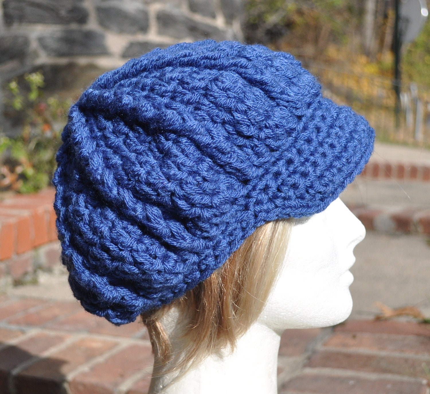 Royal Blue Newsboy Hat - Handmade Crocheted Hat with Brim - Women Accessories