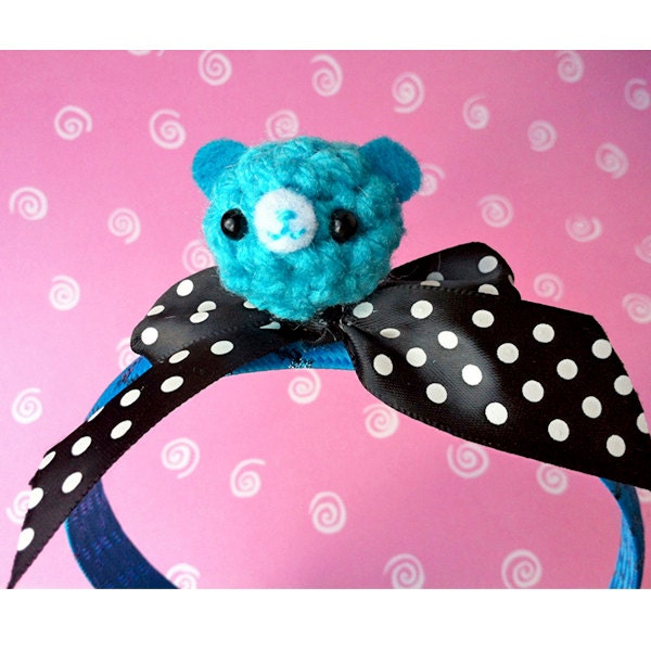 Blue Headband with Amigurumi Blue Bear on Polka Dot bow