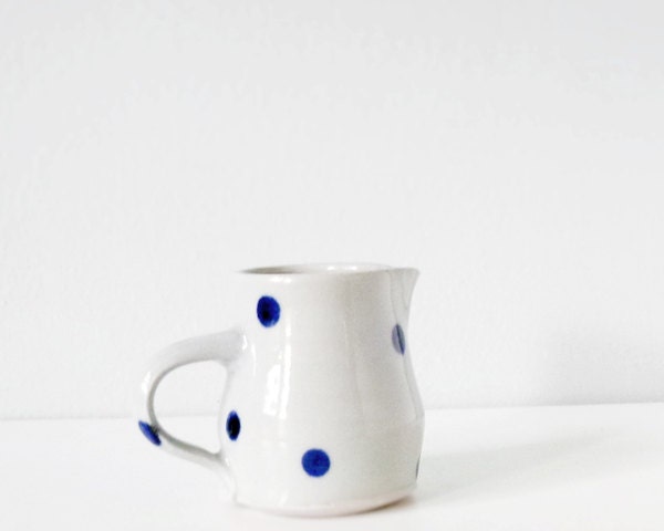 Sweet small polka dots creamer - pretty modern kitchen - handmade ceramic mini pitcher grey blue pottery