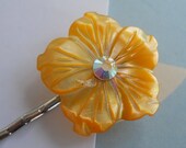 Bright Yellow Sun Mother of Pearl Flower and Swarovski Crystal Hair Clip Bobby Pin