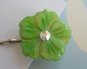 Grass Green Mother of Pearl Flower and Swarovski Crystal Hair Clip Bobby Pin