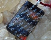 Lord's prayer fused dichroic glass pendant necklace with recycled sari yarn cord
