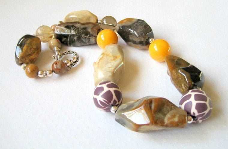 Large Natural Agate Nugget Necklace, Sterling Silver,Rustic Brown Tones, Animal Print