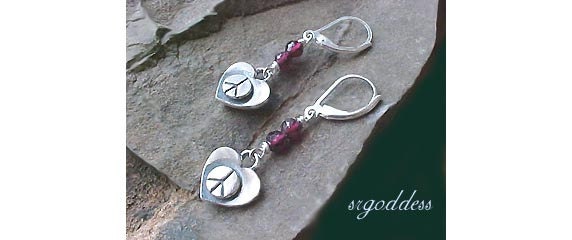 PEACE HEARTS all sterling silver and faceted garnet leverback earrings by srgoddess