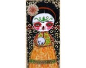 Frida Catrina And Her Skull - Giclee Reproduction from Original Mixed Media Collage Day Of The Dead Art By Danita - (5x10 INCHES)