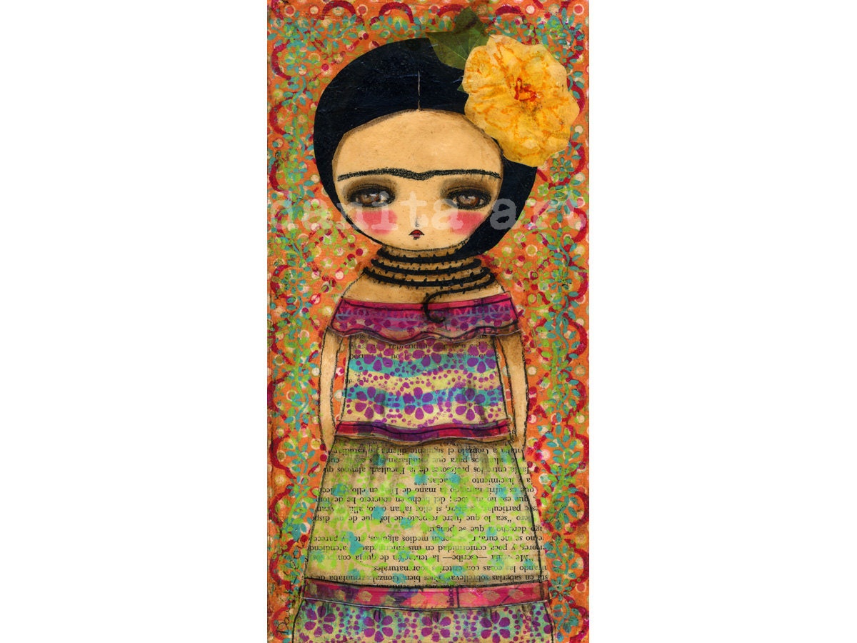Frida Bound Again - Giclee Reproduction from Original Mixed Media Collage Day Of The Dead Art By Danita - (5x10 INCHES)