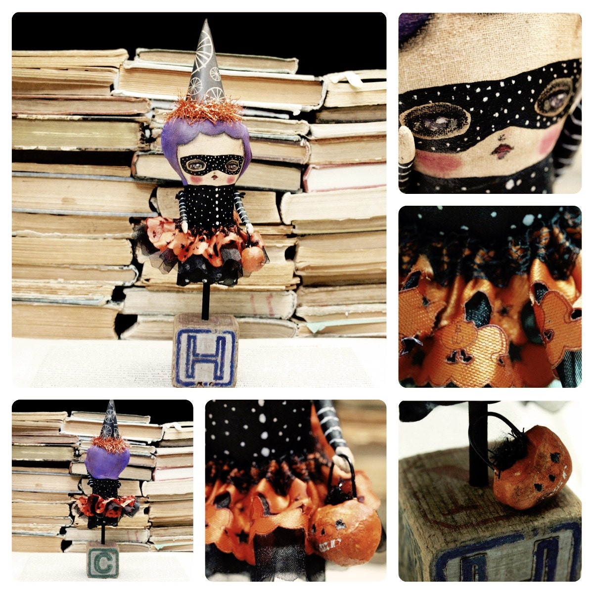 Trick-or-treater Ballerina - Original Mixed Media Halloween Art Doll by Danita Art (9 Inches Tall)