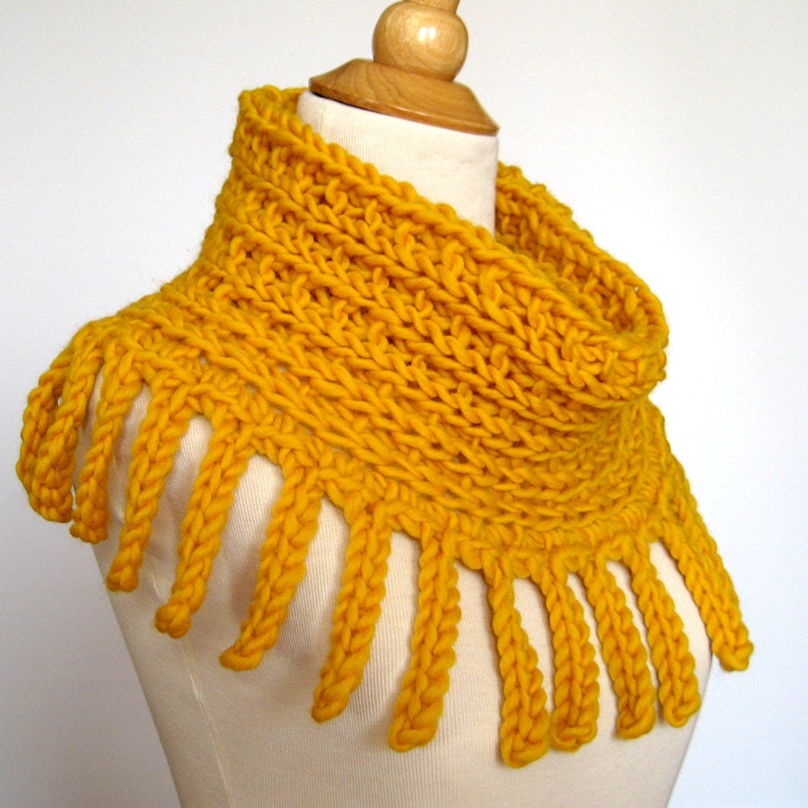 Gold Cowl Hood Cape - Chunky Knit and Crochet Fringed Cowl - Infinity Scarf - Golden Sunshine Soft Wool