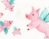 original Flying Pigs painting - FLYING PIG ART Watercolor 6 x 9 inches, when pigs fly