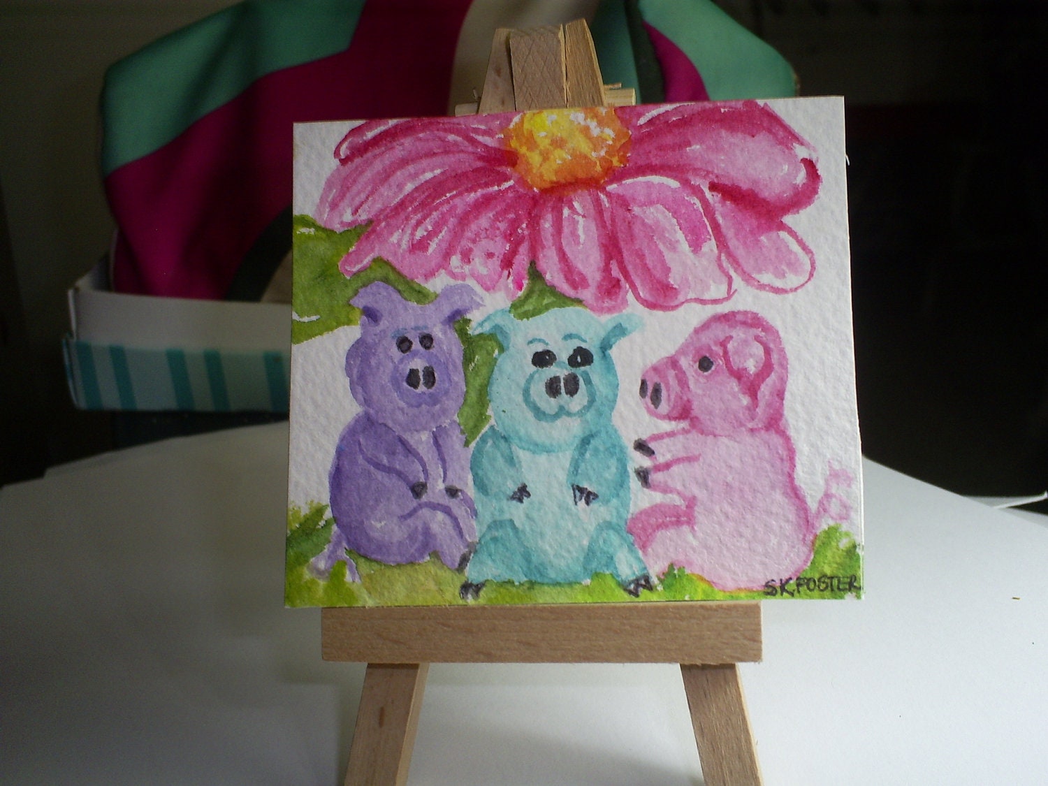 3 Little Pigs under the Big Pink Flower Mini Original Watercolor Painting with Easel