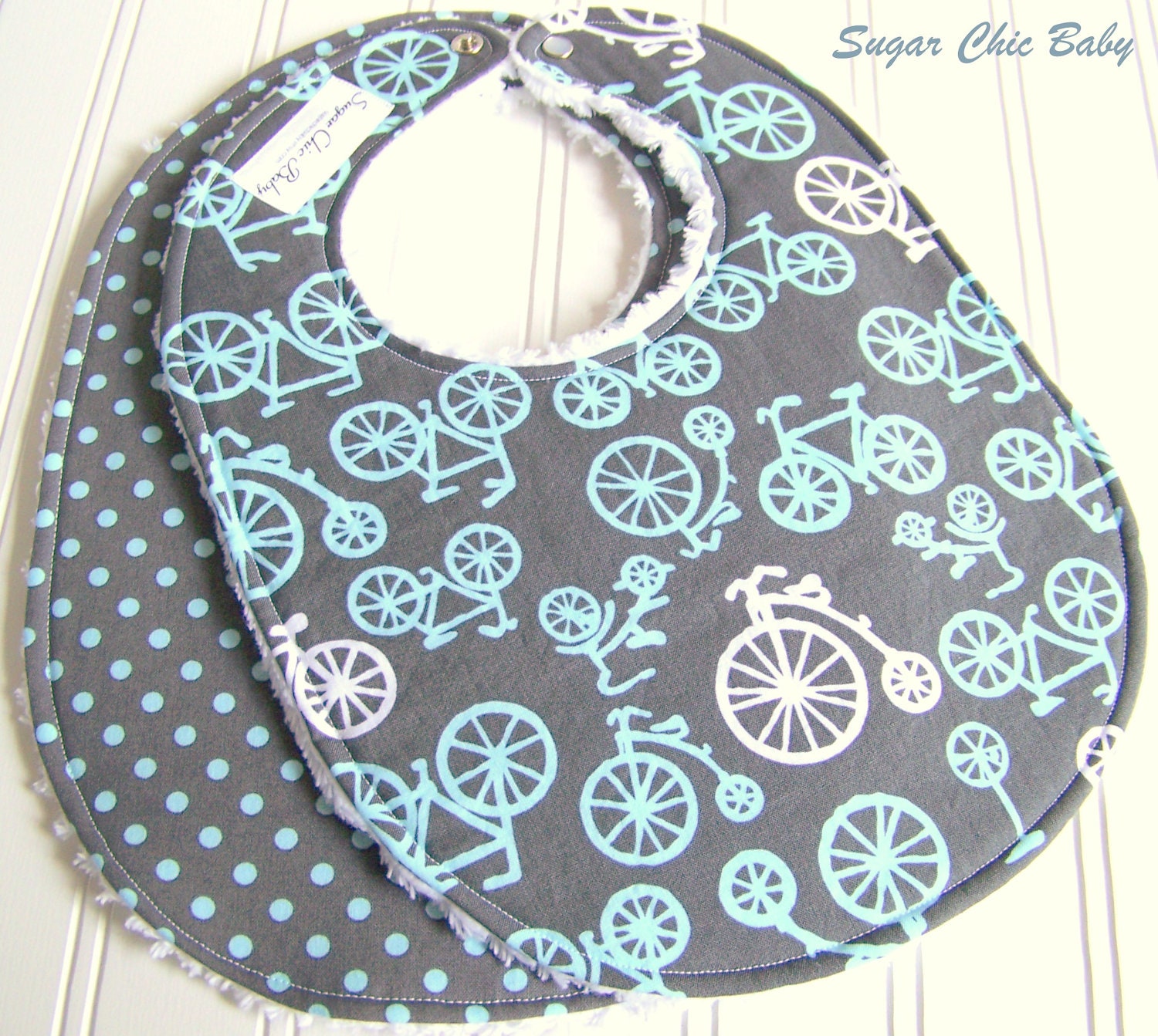 Baby Bibs for Baby Boy  -  Set of 2 Triple Layer Chenille Bibs - Bicycles & Dots in Grey and Blue