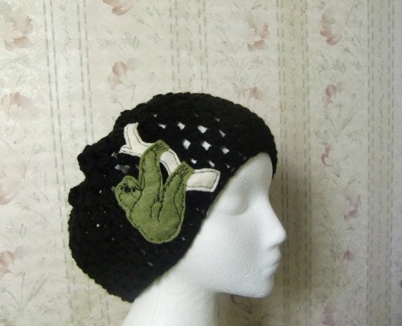Womens Black Crochet Slouchy Beanie Hat with Sloth Patch Applique