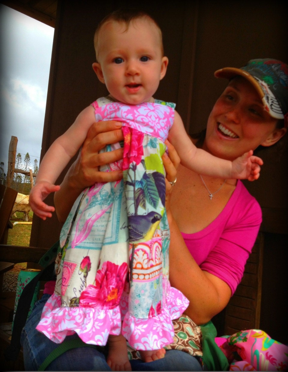 BABY Knot with Bow Sundress Happy Honu Maui French Journal with Pink Damask 6-12 months or 12-18 mos Made in Hawaii