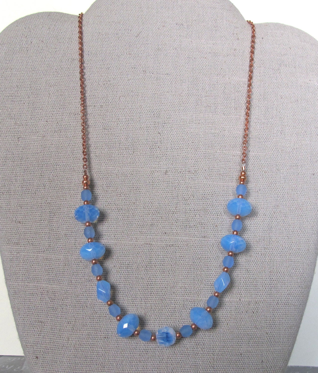 Sky Blue Necklace, Copper Necklace, Copper Chain, Copper Jewelry, Frosted Blue, Sapphire Blue Glass, Beaded Necklace