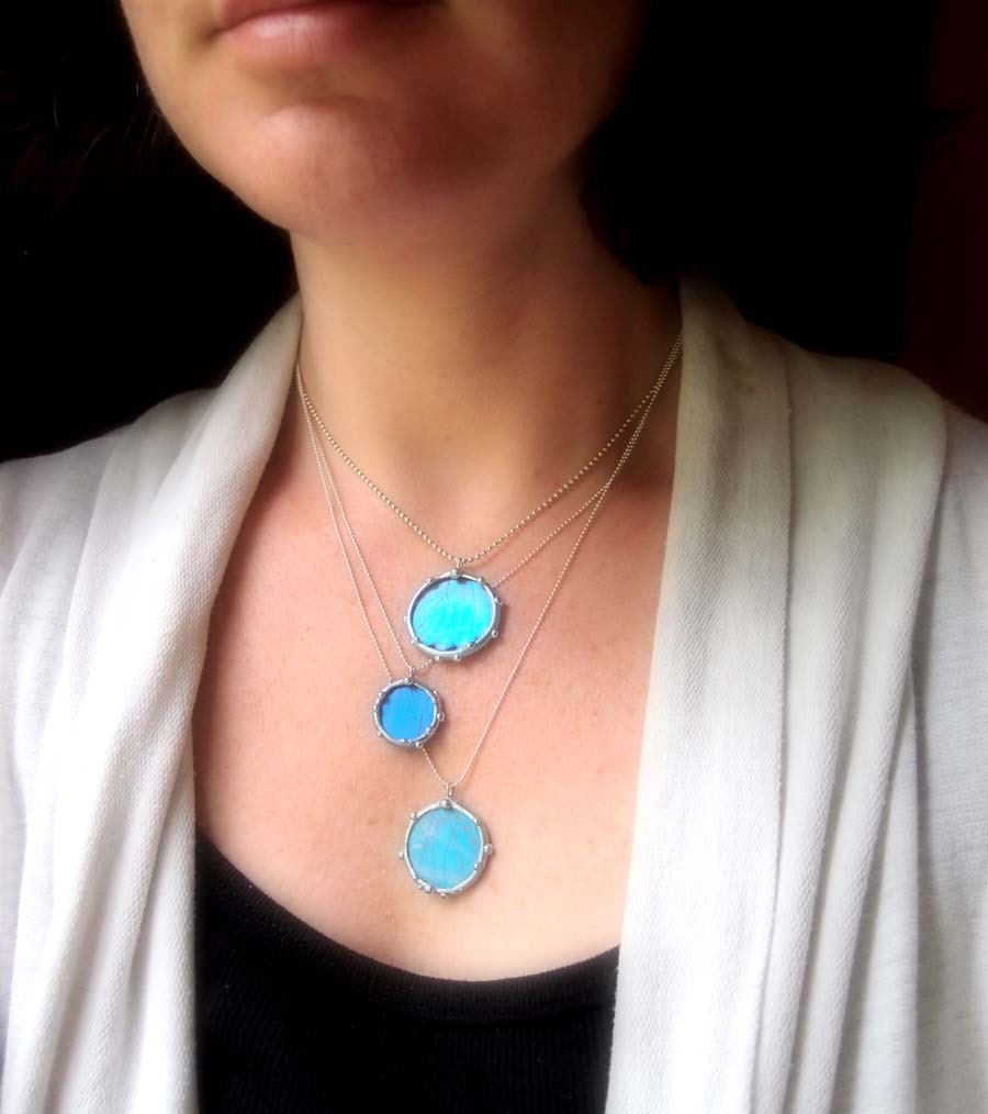 Layered Chains with Real Blue Morpho Butterfly Wing Pendants - Nature Art Jewelry