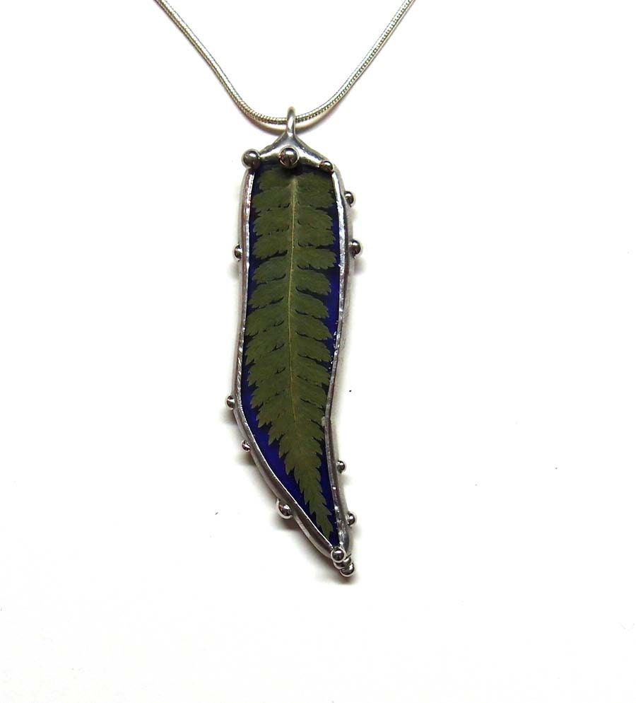 Jewelry Inspired by Nature - Real Fern and Cobalt Blue Glass Necklace