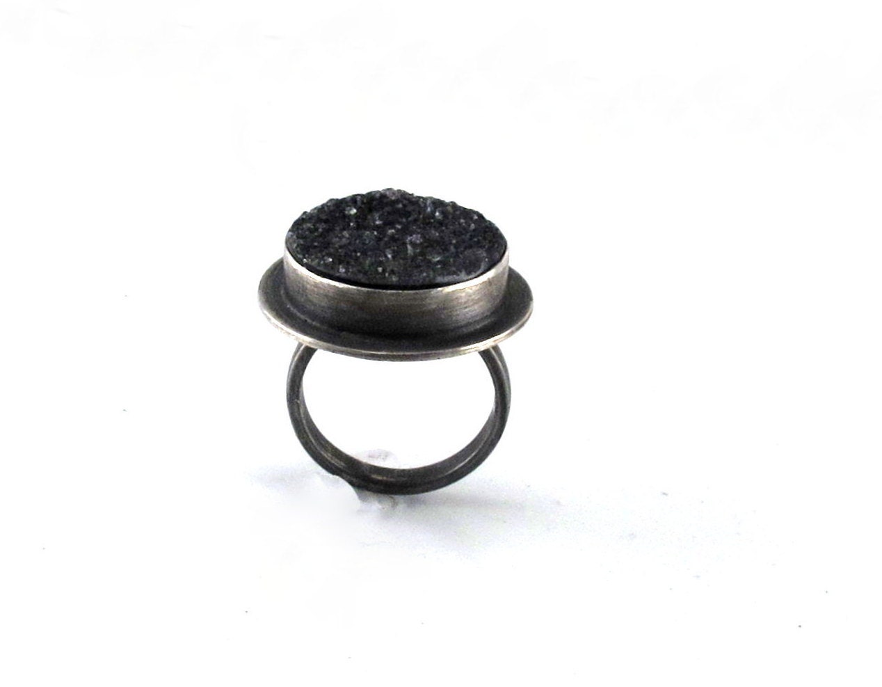 Midnight Sparkle Ring - Sterling Silver and Black Drusy Size 8 OOAK