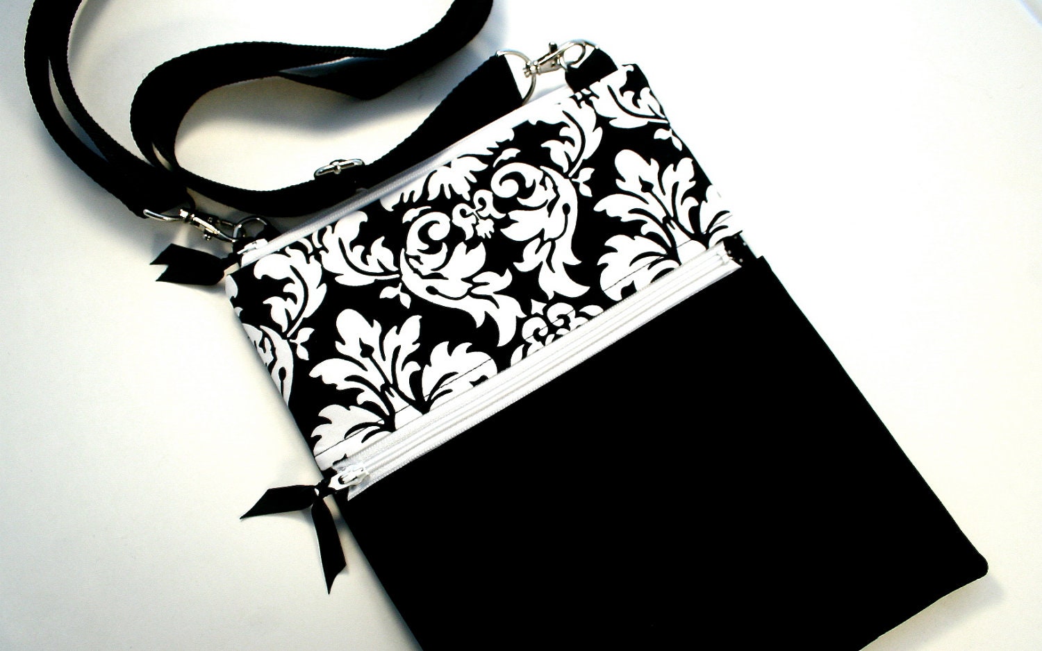Cross Body E Reader Fabric Sling Bag in Black Damask Fits the iPad Mini