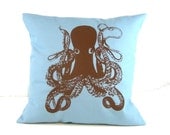 Octopus Pillow Blue - Vintage Nature Graphic Screen Printed Pillowcase Retro Housewares blue and brown decor