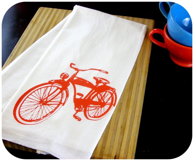 Bicycle Kitchen Towel Orange Tea Towel - Bike - CUTE Screen Print Vintage Kitchen Bike Gifts