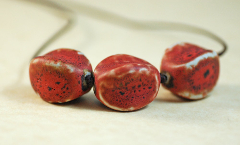 Soft Red Ceramic Beads from India Knotted on Brown Adjustable Cord Necklace