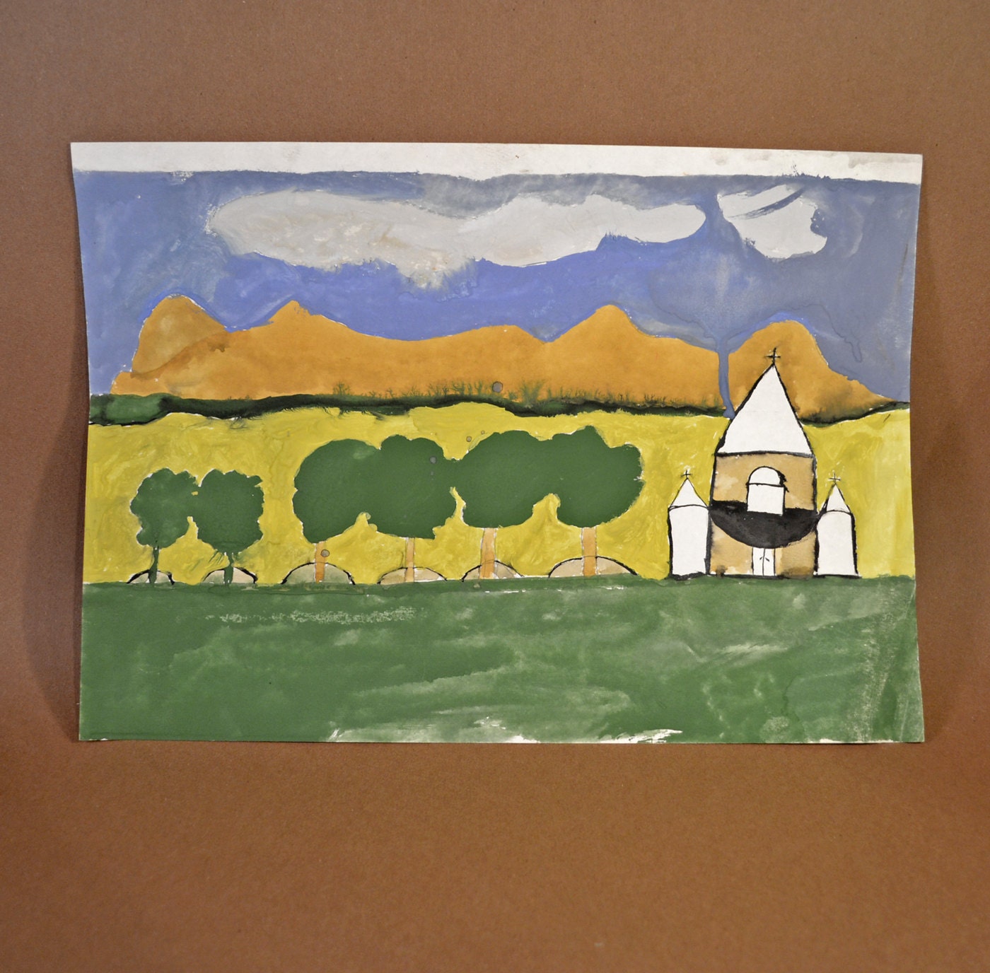 Painting on Paper of a Church and Landscape by Petrosyan