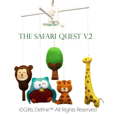 Musical Baby Mobile SAFARI QUEST V2 Handmade Wool by GiftsDefine