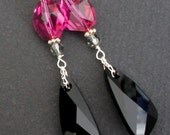 LOVE AND WAR black, grey and hot pink swarovski crystal long drop bridesmaid earrings.  Sterling silver with chain.  Modern jewelry.