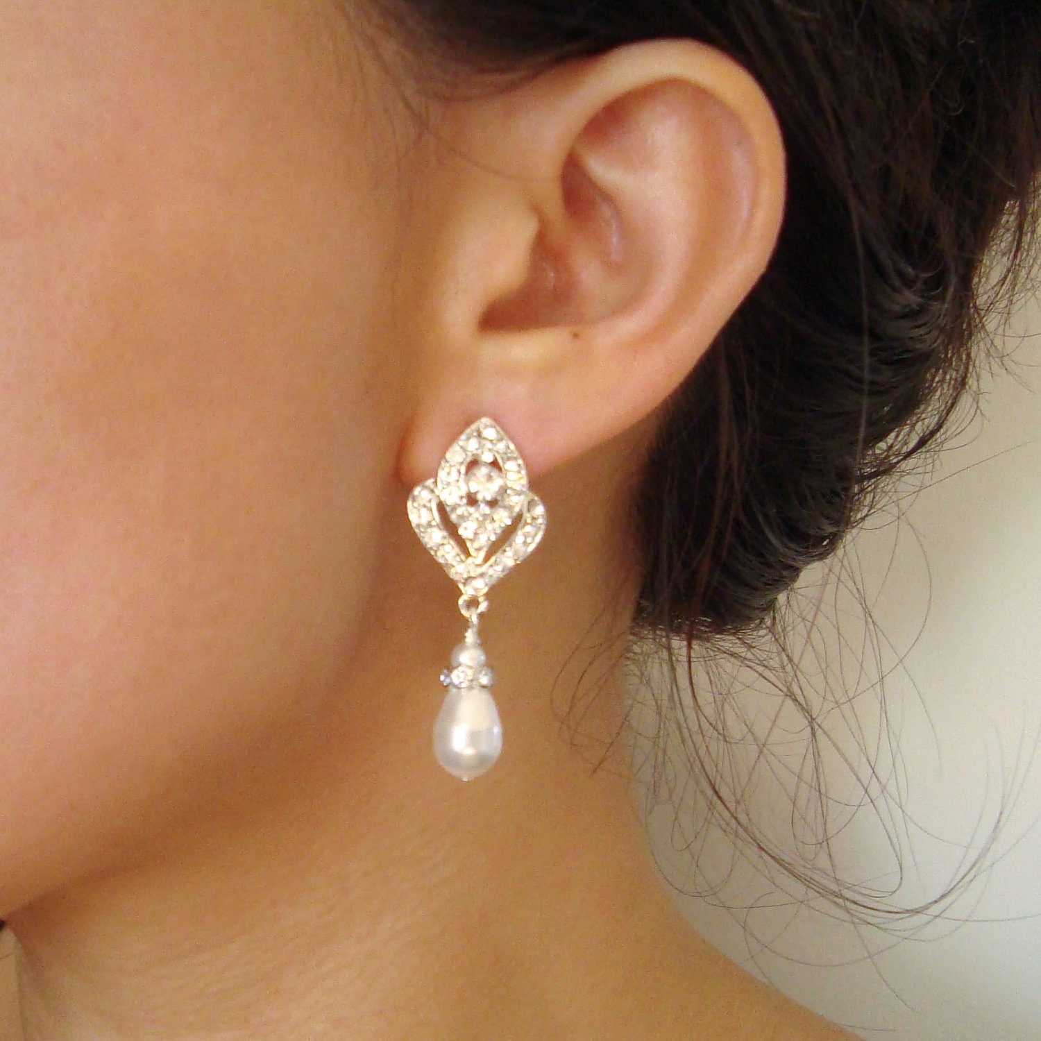 Pearl Bridal Wedding Earrings, Vintage Style Bridal Earrings, Silver Earrings, Pearl Drop Earrings, Art Deco Style Bridal Jewelry, IVANA
