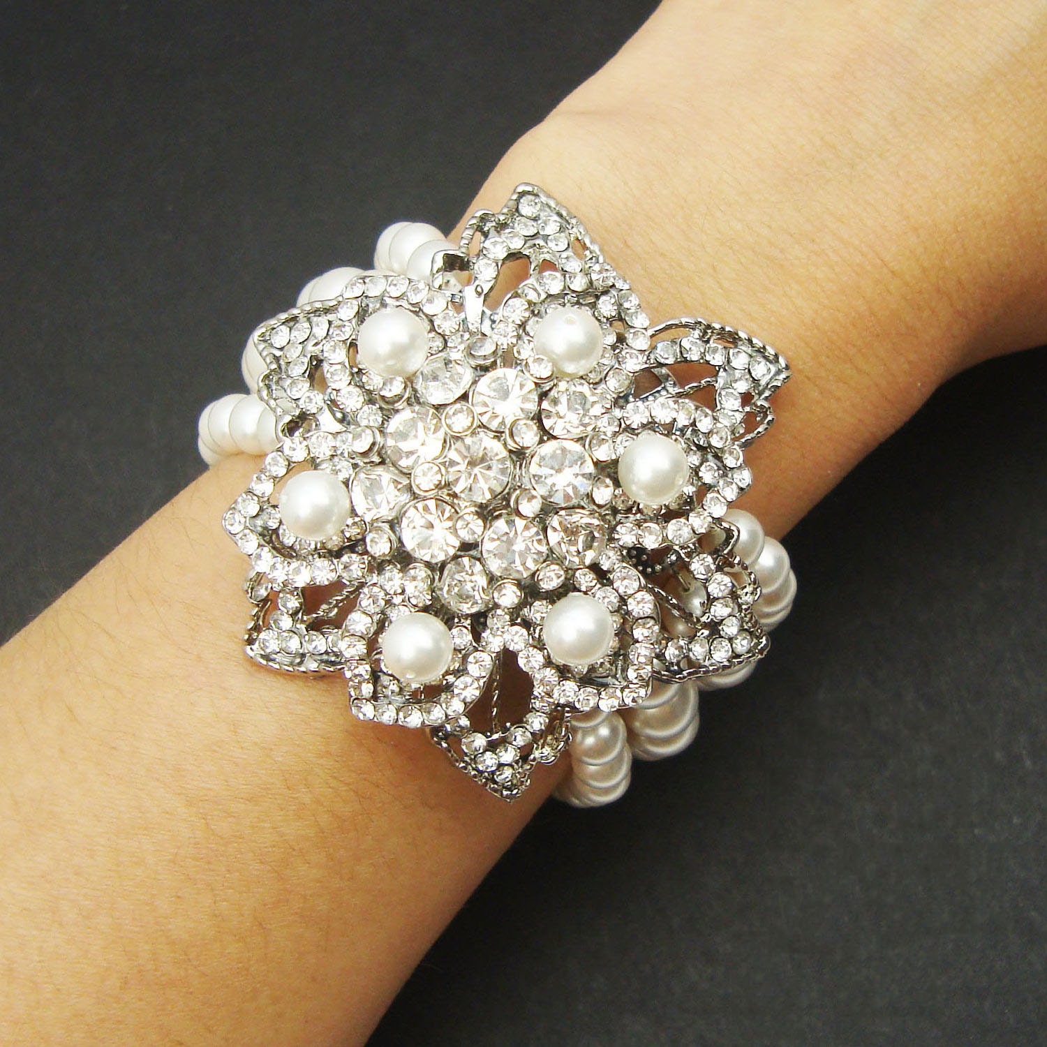 Bridal Pearl Cuff Bracelet, Vintage Style Rhinestone Wedding Bracelet, Crystal Bridal Wedding Bracelet, Victorian Bridal Jewelry, Alycia