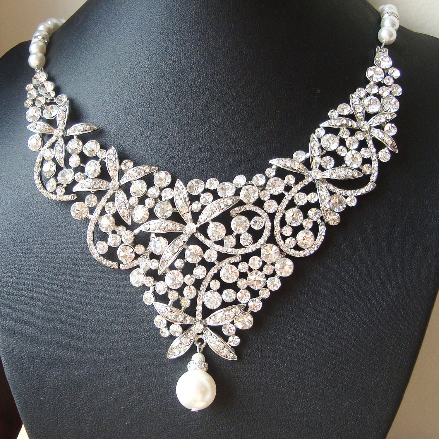 Statement Bridal Necklace, Crystal Bib Wedding Necklace, Flowers or Dragonflies, Rhinestone Wedding Jewelry, Crystal Bridal Jewelry