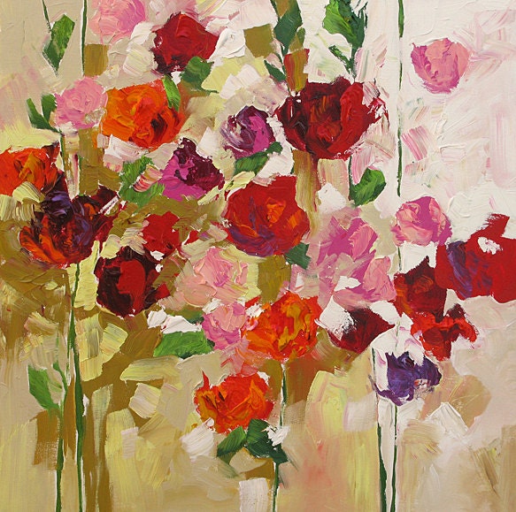 MOVING SALE - Art Print Giclee Print of Abstract Floral Still Life Flower Landscape Painting Scarlet Roses by Linda Monfort