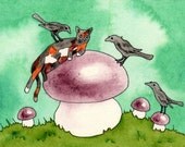 Calico CAT and Ravens with Mushrooms ACEO original watercolor painting