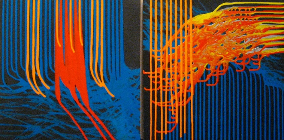 Original Paintings Abstract Mixed Media Diptych Acrylic Art by Aisyah Ang Size 20x40 with Cert
