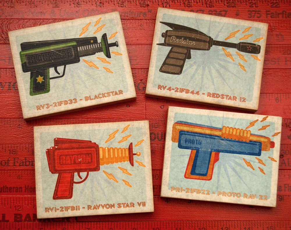 Raygun Art Blocks - Set of Four - 4 in x 5 in - Raygun Prints - Art for Men - Man Cave Art - Artwork for Men - Fathers Day Gift - Dad Gift