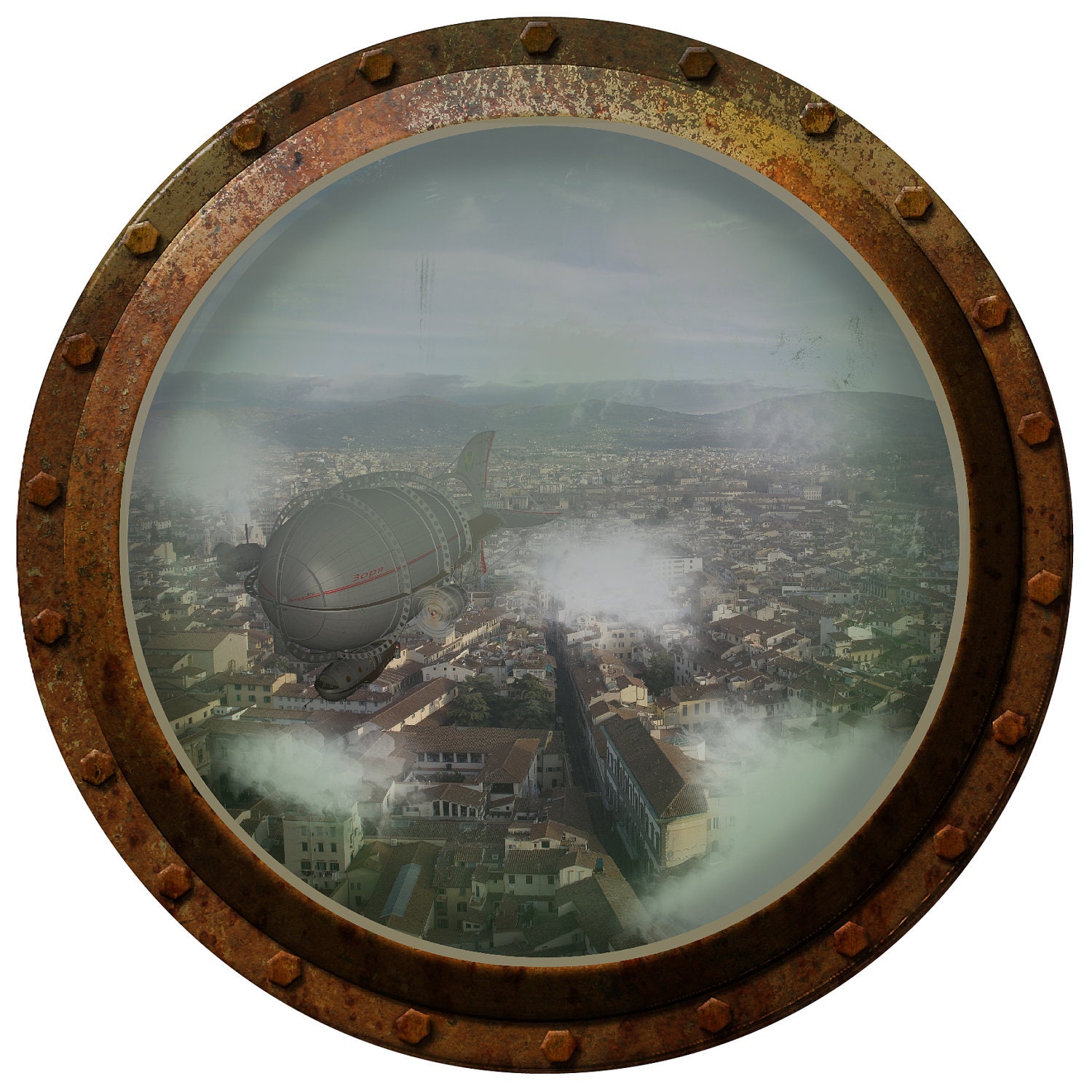 Steampunk Porthole Airship Over the City Wall Decal
