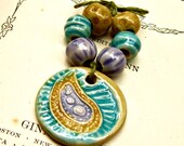Dual Sided Ceramic Paisely Pendant and Bead Set Handmade