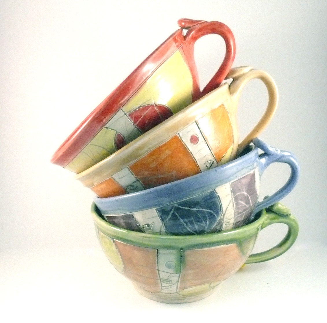Four artistic ceramic soup mugs with handles SHIPS TODAY cappucino latte cups - handled soup bowls carved design Graduate Gift
