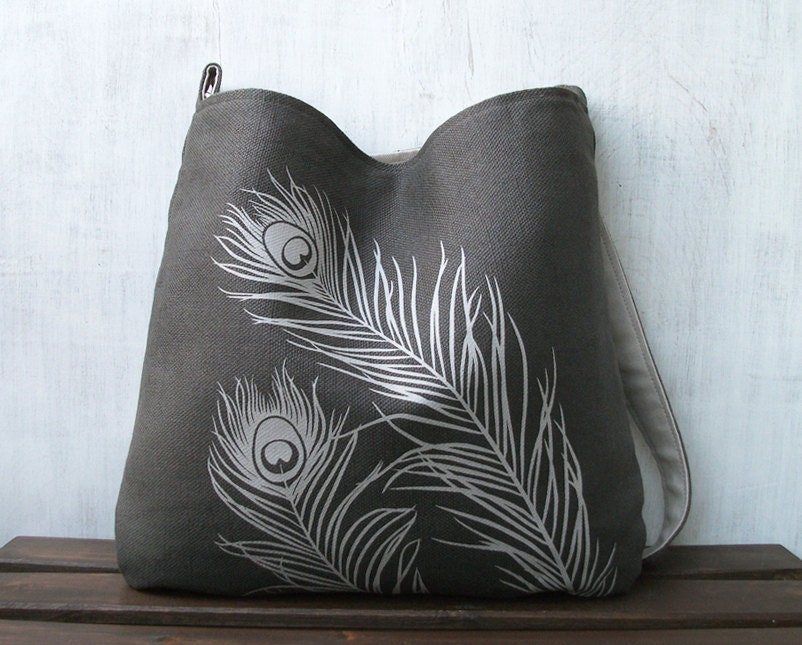 Hemp Tote Bag - Handbag - Messenger Bag with Peacock Feathers - Charcoal Gray