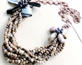 Glorious Belle Fleur Agate Pearl Flower Brooch Wood Crazy Lace Blue Sand Multi Strand Copper Necklace