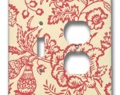 Red and White Floral Double Switch / Outlet Combo Plate 1960's Vintage Wallpaper