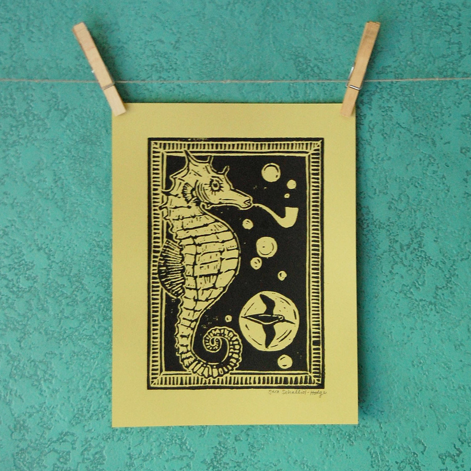 PIPE DREAM - linocut print on anise / yellow paper