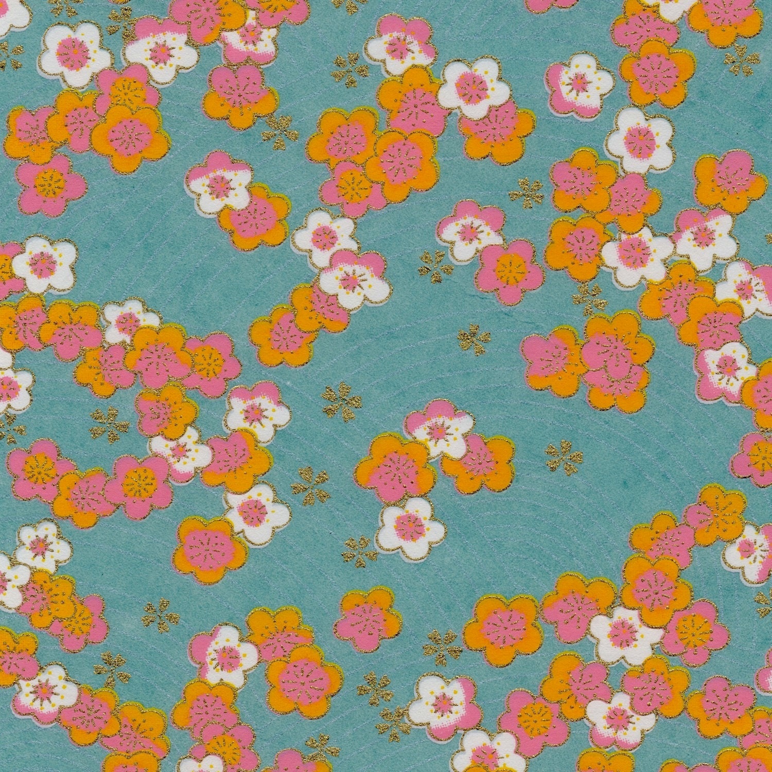 Chiyogami or yuzen paper - pink and orange cherry blossoms on an aqua background with gold plum blossom accents, 9x12 inches