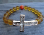 Rose Gold Crystal Cross and Sea Glass Bracelet