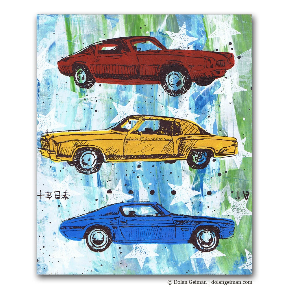 Vintage Cars Screenprint on Wood Gift for Him, Panel Painting by Dolan Geiman
