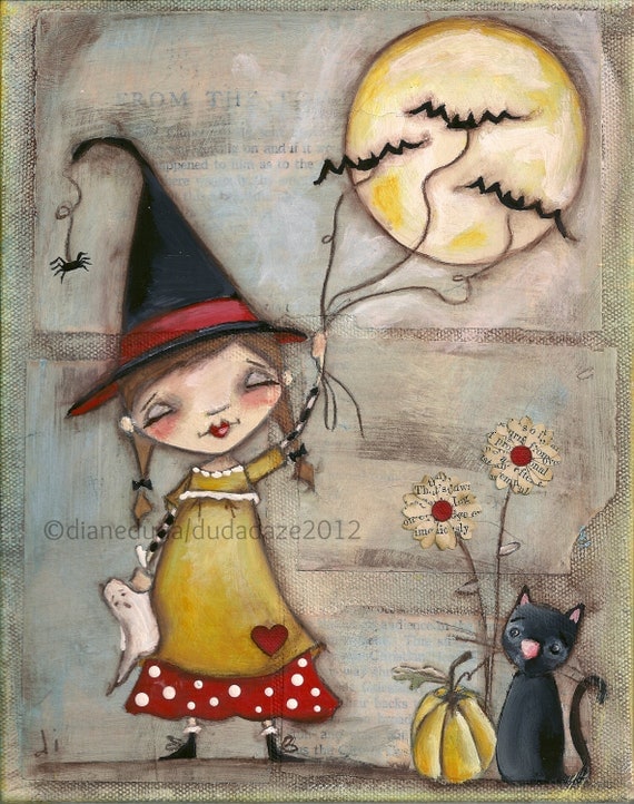 Print of my Folk Art Childrens Halloween Witch painting  - Walking the Bats