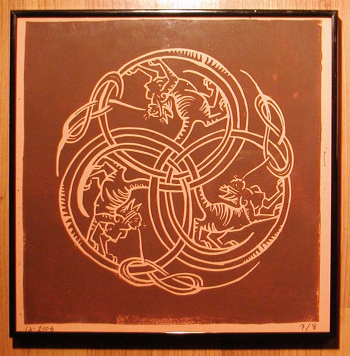 Sphinx in Dark Red Ink on Caramel Paper - Framed Art - Chimerical Wallflowers - Red Sphinx - Cat Woman - Decorative Arts - Printmaking