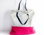 Linen tote knitted bag bright pink neon purse white navy blue leather handles colour block memake handmade handbag